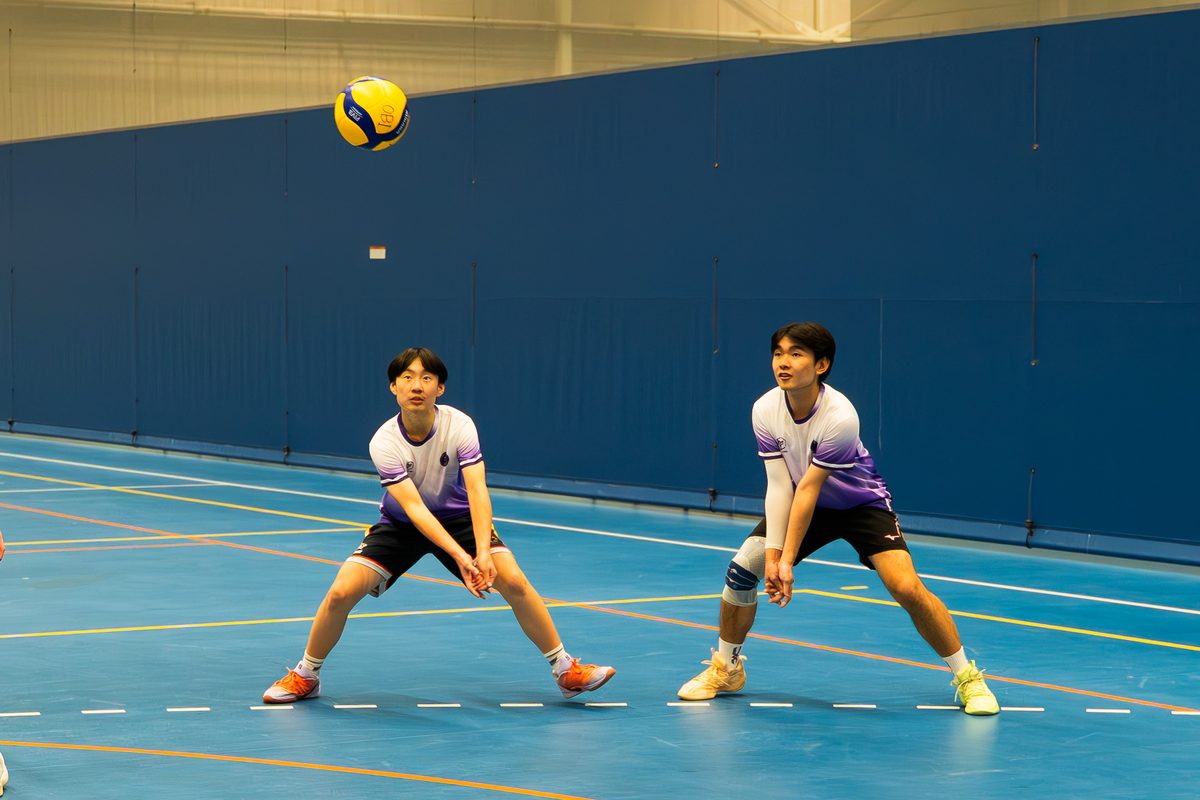 Two players in Obsidian jerseys in a low passing stance on the blue courts at Sydney Olympic Park